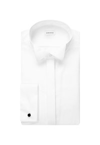 Chemise blanche impeccable avec un col classique, des manches longues et un seul bouton de manchette noir sur le poignet gauche.
