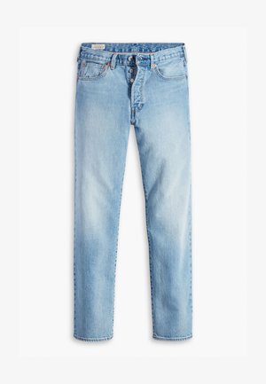 Jean en denim bleu clair avec une coupe droite, style à cinq poches et une fermeture à bouton. Présente des coutures visibles et un léger délavage.