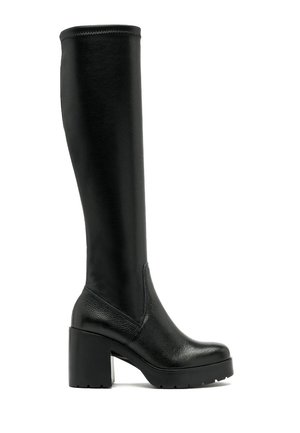 Botte en cuir noire montant jusqu'au genou, avec talon bloc épais et bout arrondi, adaptée pour la mode ou un usage décontracté.