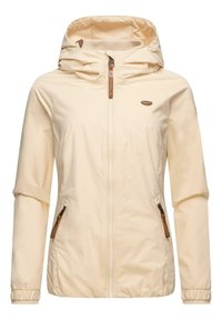 Light cream waterproof jacket with a lined hood, front zip, two zippered pockets, and elastic cuffs. Features a subtle logo on the chest.
