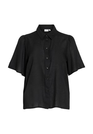 Čierna košeľa s krátkym rukávom na gombíky, s klasickým golierom a mierne nafúknutými rukávmi, vyrobená z ľahkej látky.