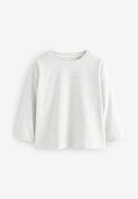 Lichtgrijze langemouwen T-shirt met ronde hals, zachte textuur en losse pasvorm. Heeft verlaagde schouders en geen zichtbare patronen of accenten.