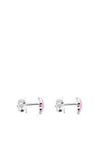 Pendientes de plata con diseño de dome en esmalte rosa y bordes en forma de ondas, sujetos a un soporte metálico con cierre tipo mariposa.