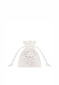 White drawstring pouch made of fabric, featuring a printed logo "CHIC by Lirette" with radiating lines, soft texture.