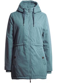 Giacca isolante color teal con zip frontale, cappuccio, coulisse regolabile, due tasche laterali e finitura in tessuto texturizzato.