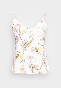 Canotta bianca con stampa floreale in tonalità di rosa, giallo e verde. Spalline regolabili, design a V e tessuto leggero.