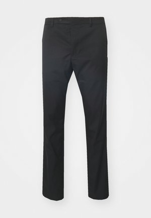 Black straight-leg trousers made of durable fabric, featuring a button closure and belt loops, smooth texture with no visible patterns.