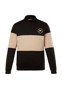 Černá a béžová polosukně s dlouhým rukávem a límečkem, která má na hrudi kulaté logo a design s barevnými bloky. Texturovaná tkanina.