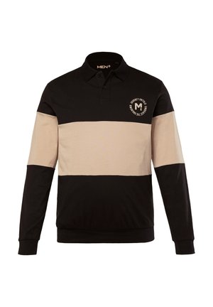 Mustapohjainen ja beige pitkähihainen poolopaita, jossa on kaulus. Rintataskussa ympyrälogo ja väri-blockattu muotoilu. Teksturoitu kangas.