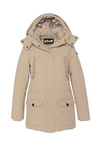 Beżowa pikowana kurtka parka z odpinanym kapturem, zamkiem z przodu, dwoma bocznymi kieszeniami oraz gładką, błyszczącą podszewką wewnętrzną.