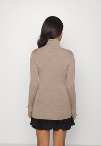 Beige polotröja i ribbad struktur, figursydd design med långa ärmar, kombinerad med en svart plisserad kjol. Bakifrån.