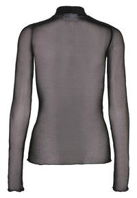 Sort langærmet gennemsigtig top med høj hals og tætsiddende design, der har en glat overflade og diskret syning langs kanterne.