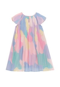 Faltenkleid mit einem pastellfarbenen abstrakten Muster in Pink, Blau und Gelb. Kurze, luftige Ärmel und eine Knopfverlängerung im Rücken.