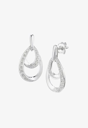 Sudraba asaras formas auskari ar divkāršu cilpu dizainu un rhinestone akcentiem gar ārējo malu; pulēta, spīdīga virsma.