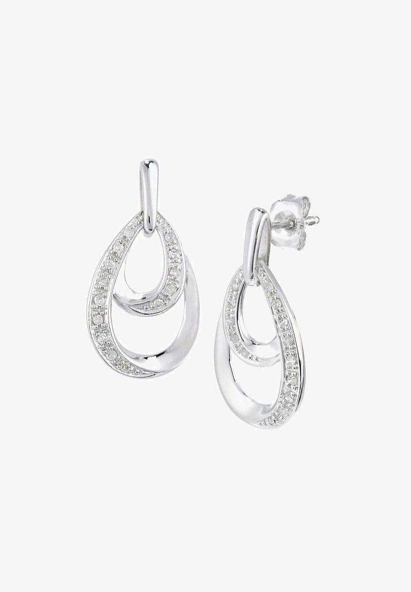 Sudraba asaras formas auskari ar divkāršu cilpu dizainu un rhinestone akcentiem gar ārējo malu; pulēta, spīdīga virsma.