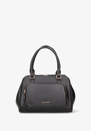 Black textured handbag with dual top handles, featuring a front zip pocket and gold-tone hardware. Logo embossed on the front.