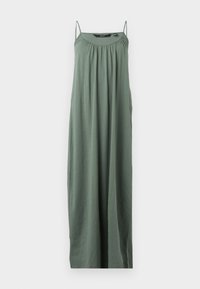 Bezsramková maxi šaty v tlumené zelené barvě, vyrobené z lehké látky. Obsahují nařasený výstřih a vzdušný střih, s nastavitelnými ramínky.