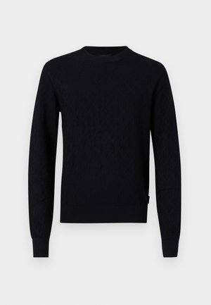 Schwarzer Strickpullover mit einem Rautenmuster, Rundhalsausschnitt, langen Ärmeln sowie gerippten Bündchen und Saum. Hergestellt aus einem weichen, strukturierten Stoff.