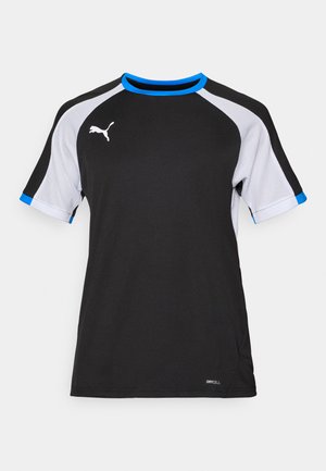 Black athletic shirt with short mesh white sleeves, blue accents on collar and sleeves, featuring a white logo and "DRYCELL" text on the hem.