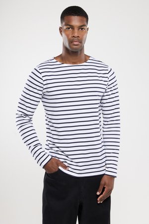 Langsleeve gestreepte shirt met marineblauwe en witte horizontale strepen, ronde halslijn en een relaxte fit, gemaakt van katoen.