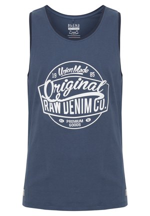 Débardeur bleu marine en coton, arborant un grand logo graphique blanc avec du texte. Encolure arrondie, sans manches, avec des détails de couture minimaux.