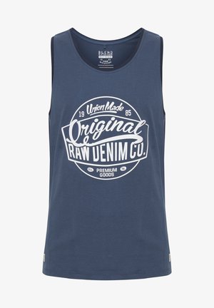 Débardeur bleu marine en coton, arborant un grand logo graphique blanc avec du texte. Encolure arrondie, sans manches, avec des détails de couture minimaux.