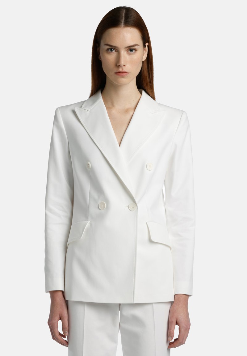 Witte double-breasted blazer met een notch lapel, twee voorzakken en knoopaccenten. Glad materiaal met een getailleerde pasvorm.