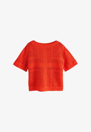 Top a maniche corte, dal taglio ampio, di un vivace arancione, caratterizzato da un design a maglia aperta testurizzata con motivi geometrici e un ampio scollo rotondo.