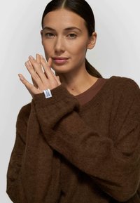 Pull en tricot marron doux avec manches longues et col côtelé. Comprend une petite étiquette de marque blanche sur le poignet. Texture lisse.