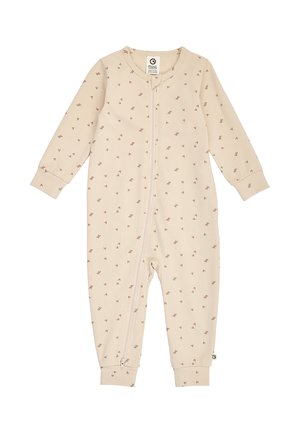 Beige baby-body med lange ærmer, små brune bladmønstre, lynlås fra nakke til venstre ankel og ribkanter ved håndled og ankler.