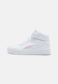 Białe sneakersy high-top z gładkiej skóry, z iryzującym logo Pumy, sznurówkami i paskiem na rzep zapewniającym pewne dopasowanie.