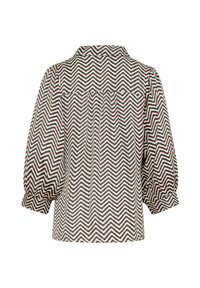 Blouse met kraag in een gestructureerde stof met een zigzagpatroon in zwart, wit, rood en teal. Puffmouwen en een plooidetail aan de achterkant.
