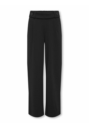 Pantaloni neri a vita alta e gamba larga con dettagli a bottoni in vita e pieghe frontali, mostrati su sfondo bianco.