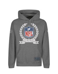 Grauer Kapuzenpullover mit NFL-Logo, das rote und blaue Elemente, ein Lorbeerdesign, eine Fronttasche und eine Etikettierung am Saum aufweist.