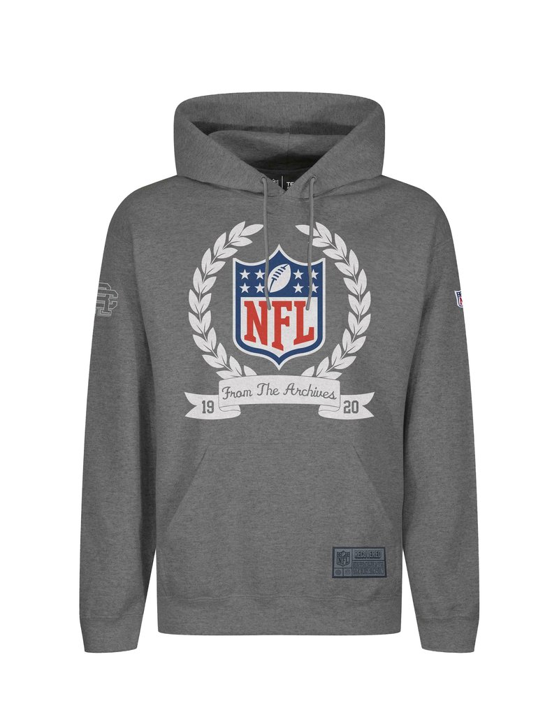 Grauer Kapuzenpullover mit NFL-Logo, das rote und blaue Elemente, ein Lorbeerdesign, eine Fronttasche und eine Etikettierung am Saum aufweist.