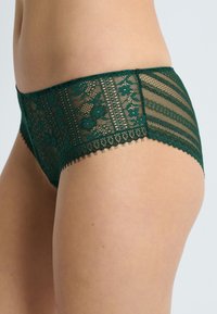 Green lace hipster underwear features floral patterns, a scalloped edge, and sheer panels, providing a delicate and textured appearance.