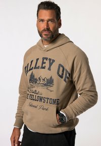 Felpa con cappuccio beige con una grande stampa grafica che presenta "Valley of Yellowstone" e un paesaggio montano. Sono visibili i polsini a coste e una tasca frontale.