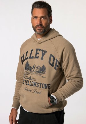 Felpa con cappuccio beige con una grande stampa grafica che presenta "Valley of Yellowstone" e un paesaggio montano. Sono visibili i polsini a coste e una tasca frontale.