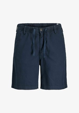 Dunkelmarineblaue Shorts aus leichtem Material. Mit elastischem Bund und Kordelzug, einer Knopfverschluss vorne und seitlichen Taschen.