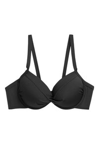 Čierna vystužená podprsenka s kostícami, nastaviteľnými tenkými ramienkami a hladkou tkaninou so zľahka našuchoreným stredom vpredu.