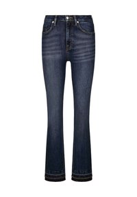 Donkerblauwe flared jeans met hoge taille, metalen knoopsluiting en contrasterende stiksels. Heeft een klassiek 5-pocket ontwerp en verfijnde zoomaccenten.