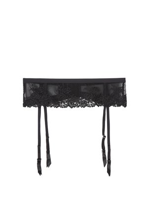 Black lace garter belt with floral patterns and four adjustable satin straps with ribbon ends.