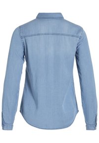 Light blue denim shirt with long sleeves, a collar, and button cuffs. Smooth texture with a slight sheen. Curved hem at the back.