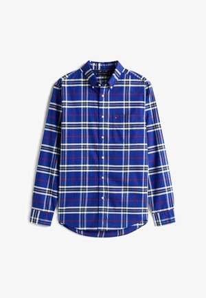 Camicia button-up a quadri blu, con linee bianche e rosse. Realizzata in cotone, con colletto a punta e una tasca sul petto.