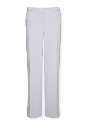 Pantaloni formali grigio chiaro con gambe dritte, chiusura frontale con bottoni e tasche laterali, mostrati stesi su sfondo bianco.