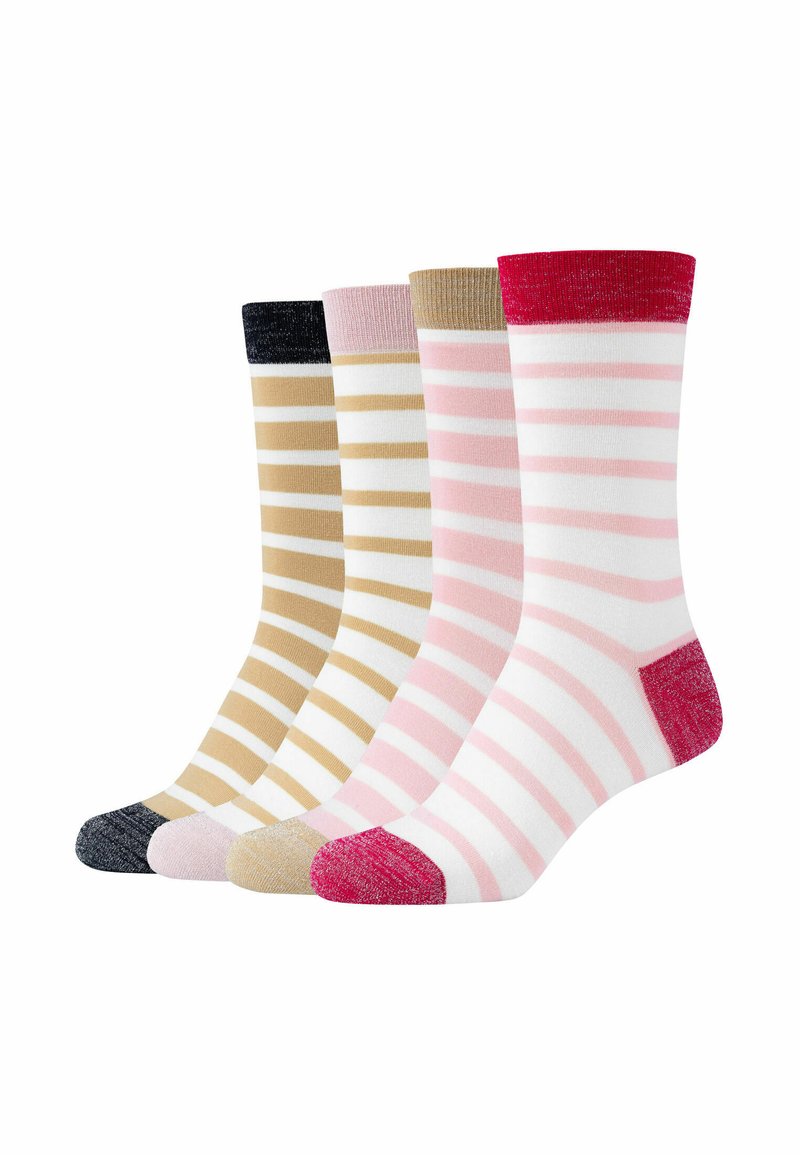 Fire par stribede crew sokker i beige, pink og hvid med kontrasterende tå- og ribkanter i marineblå, guld, pink og rød farve.
