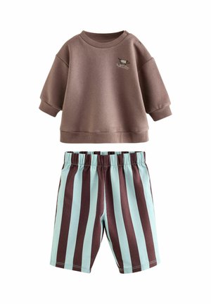 Brown long-sleeve toddler shirt with buttoned shoulder and blue and brown vertical striped shorts with elastic waistband.