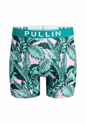 Boxers pour hommes avec motif de feuilles tropicales vertes sur fond rose clair et ceinture bleu sarcelle avec logo PULLIN blanc.