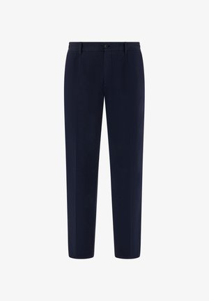 Pánské formální kalhoty tmavě modré barvy s poutky na opasek, předním knoflíkem a zužujícím se střihem rovné nohy.