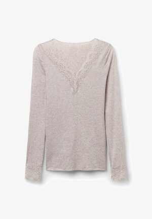 Long-sleeve light gray top with a V-neckline, featuring delicate lace trim around the neckline and lace accents on the cuffs.